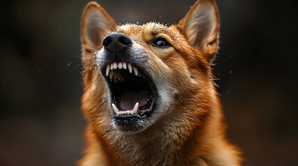 A close-up of a dingo's snarling face, revealing its teeth and intense gaze in a natural setting.