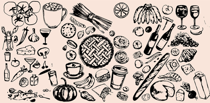 Hand drawn vintage any type of food in all vectors. Such as : Italian, Asian, Mexico and etc - Powered by Adobe