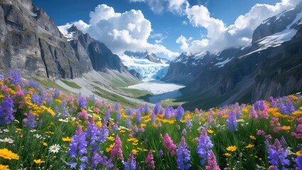 Glacier Valley and Colorful Wildflower Meadow Landscape in Spring