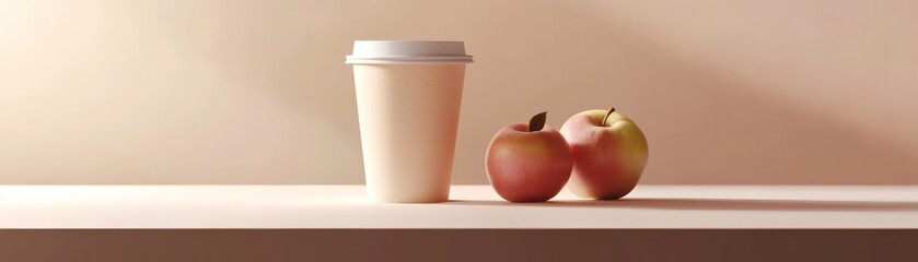 A takeaway cup of coffee and two apples on a simple wooden table, perfect for a morning start. The arrangement shows a simple and balanced diet for a quick start