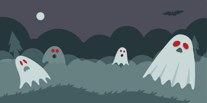 Spooky Halloween Ghosts in Dark Night Forest Scene Vector Silhouette
