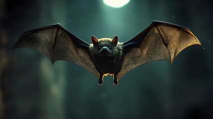 A captivating image of a bat in mid-flight, illuminated with dramatic lighting in the night.