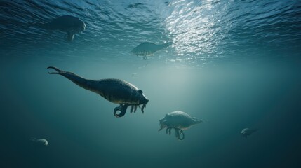 Obraz premium Deep Blue Ocean with Prehistoric Creatures, Sunlit Clear Water in Mystical Underwater Scene.