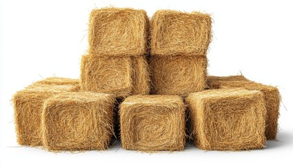 A stack of golden hay bales sits against a white background, showcasing the texture and color of the dried grass.