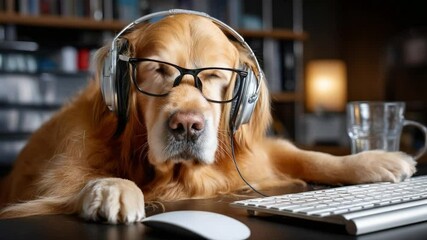 The Thoughtful Golden Retriever at Work: A golden retriever, sporting eyeglasses and headphones, seems engrossed in work. A mug and keyboard suggest productivity and modern dog lifestyle