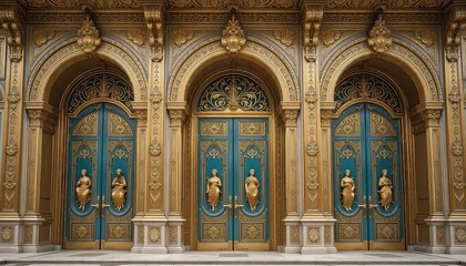 Grand Teal Doors: Ornate Gold Facade, Regal Baroque Style