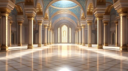 Obraz premium Sunlit grand hall with marble floor, columns, and arched ceilings, featuring intricate blue and gold detailing