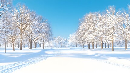 Sunlit snowy landscape; snow-covered trees line a path through a pristine, winter wonderland