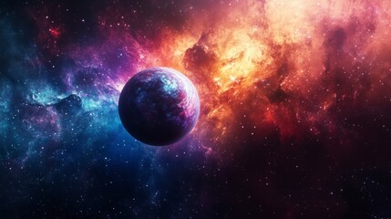Obraz premium Vibrant nebula surrounds a mysterious planet in space.