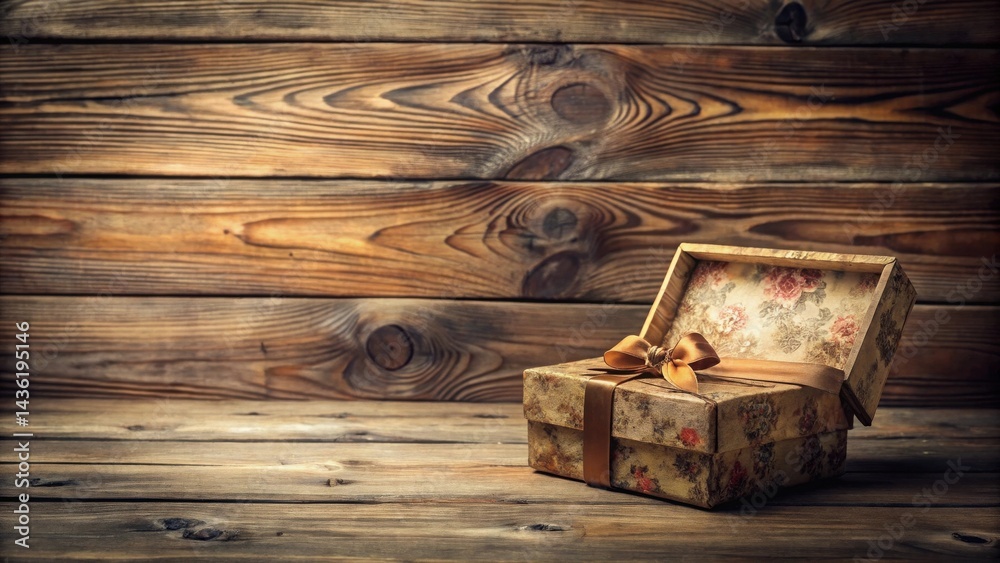 Poster an open gift box with a delicate ribbon rests on a rustic wooden surface