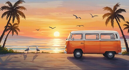 Beach Sunset Van Life: Tropical Getaway Illustration