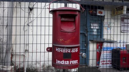 October 14th 2022 Dehradun City Uttarakhand India. India Post services. Vintage Red letter box.