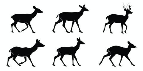 Majestic Deer and Stag Vector Silhouette Set with Antlers, Wildlife Forest Animals in Minimalistic Black Silhouettes for Nature and Outdoor Design