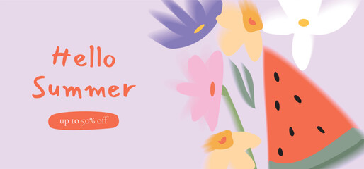 Watermelon slice with colorful summer flowers. Pastel gradient background. Hello Summer sale banner. Blurred soft floral vector design for promotion, social media, web