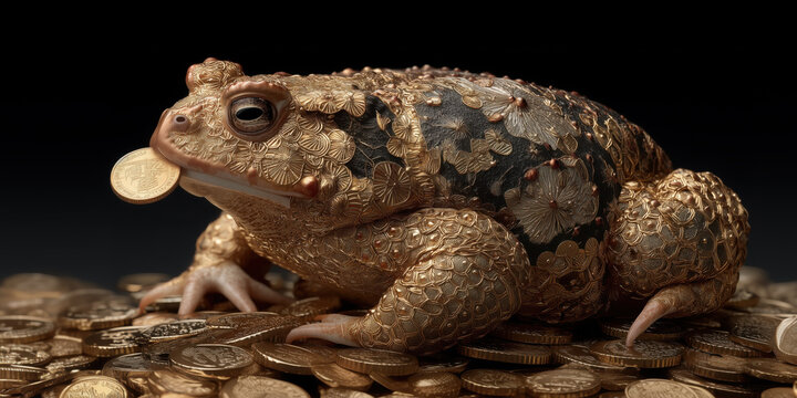 Jin Chan Golden giant toad with Chinese coin in mouth sitting on pile of gold coins, symbol of wealth