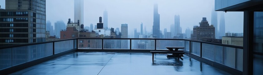 Urban rooftop on a foggy day, offering a panoramic view of the city skyline