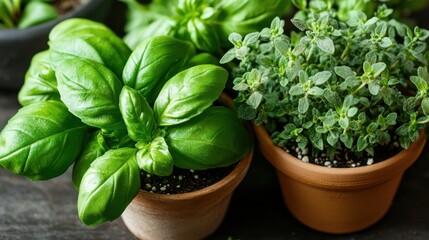 Fresh Basil and Thyme Herbs Growing in Terracotta Pots A Close Up View of Vibrant Green Culinary Herbs