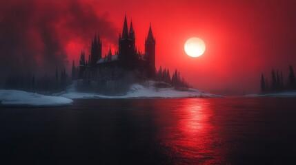 Fototapeta premium Crimson Castle: A gothic castle stands silhouetted against a dramatic red sunset, the water reflecting the fiery sky.