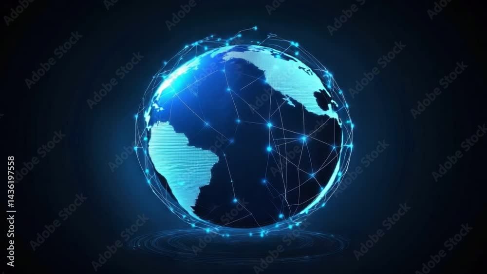 Wall mural glowing earth globe with network connections representing global communication and technology in dar