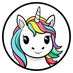 Kawaii unicorn head with rainbow mane in a round frame