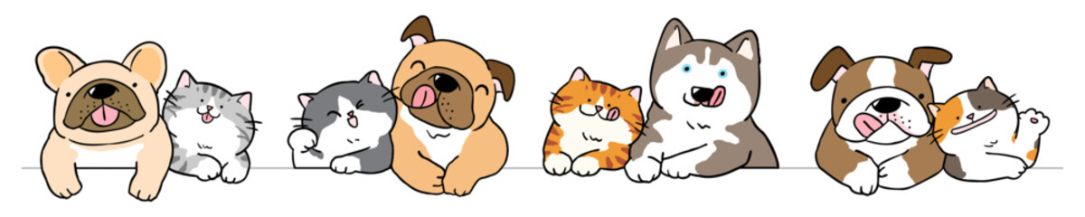 Vector Illustration of Cartoon Dog and Cat Couples on Isolated Background. Hand Drawn Vector Illustration.