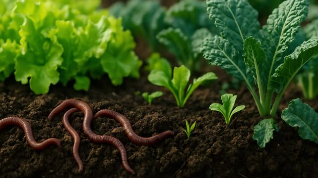 Cultivating healthy greens a close-up of fresh vegetables and earthworms in soil