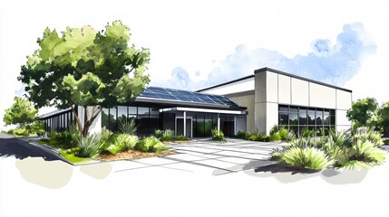 An eco friendly office complex rendered in loose ink strokes and bright green watercolor accents with solar panels on roof and abstract foundation grid beneath