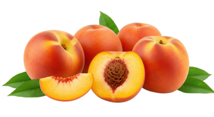 Peach bounty sliced halves amidst whole vibrant juicy fruits with green leaf accents on a dark background