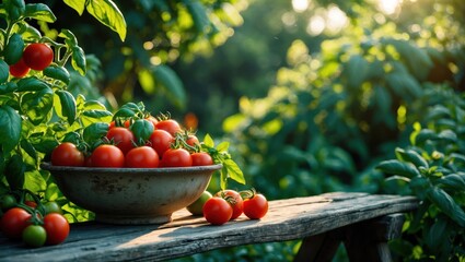 Harvesting Fresh Tomatoes in Garden Bowl on Rustic Wooden Table