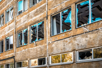 Broken windows in a building after missile attack