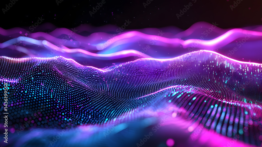 Poster Dynamic quantum computing wallpaper visualizing multidimensional data waves in a futuristic digital environment