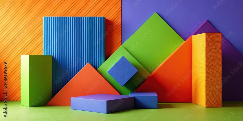 Poster vibrant colorful geometric shapes abstract composition featuring cubes, prisms, and triangles arrang