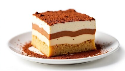 Classic tiramisu dessert, isolated against white backdrop Cocoa dusting atop , confection, dark, mascarpone