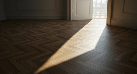 Sunlight Streaking Through An Open Doorway Illuminating A Parquet Wood Floor