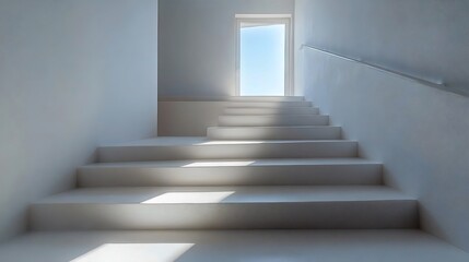 Fototapeta premium An inviting minimalist staircase with natural sunlight leading to an open doorway and sky.