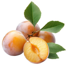 Fresh, juicy, ripe yellow plums with green leaves on a white background, perfect for healthy snacks and desserts on transparent background