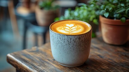 A charming latte with intricate latte art, placed on a wooden table with natural plants.