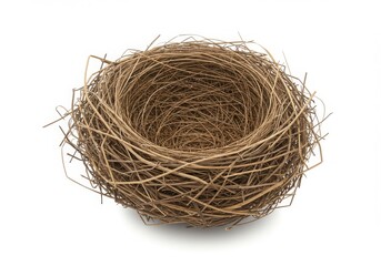 Obraz premium Empty bird nest made of twigs isolated on white background