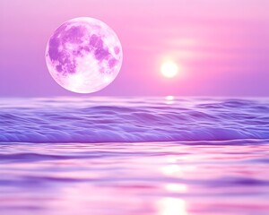 Pink moon and sun setting over calm ocean waves, pastel hues