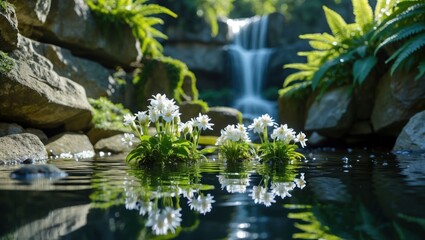 White Flowers Floating in Pond with Waterfall Reflecting on Water