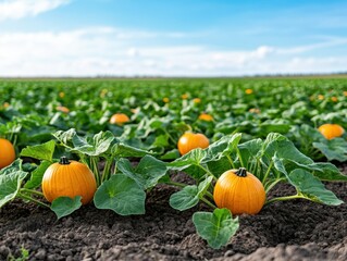 Vibrant orange pumpkins nestled amongst lush green foliage in a vast field under a clear blue sky