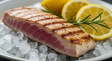 Grilled Tuna Steak with Lemon and Rosemary on Ice