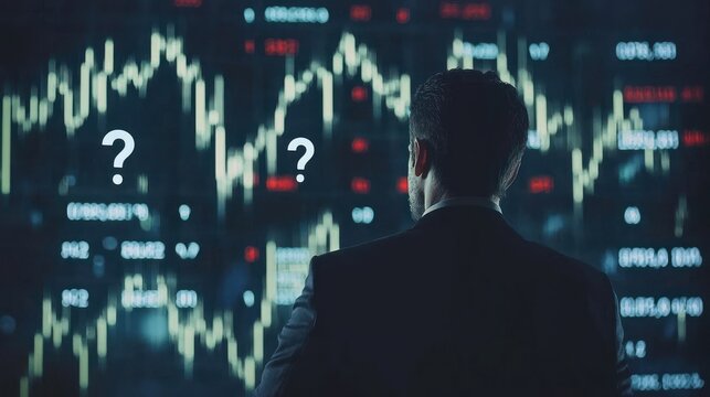 A CEO looking at declining stock prices with question marks floating around