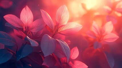 Fototapeta premium Vibrant close-up of illuminated pink leaves against a soft, dreamy background, evoking tranquility and natural beauty for wellness and lifestyle themes.