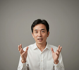 こちらを見ながら笑顔で説得する中年のアジア人男性