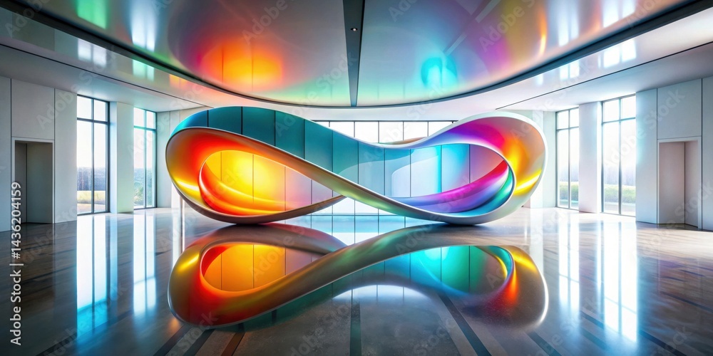 Poster modern interior design featuring a luminous, infinite loop sculpture reflecting on polished floors