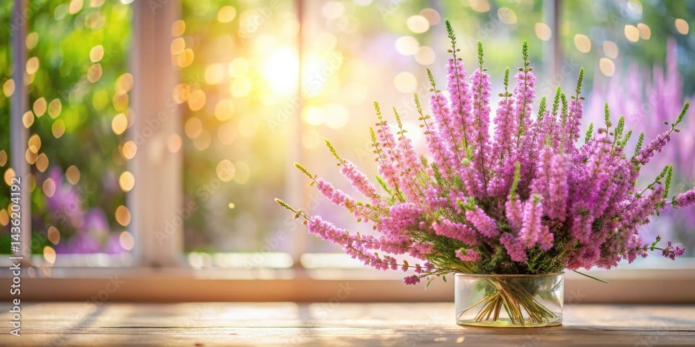 Poster sunlit bouquet of delicate pink flowers in a clear glass vase on a wooden surface near a window with