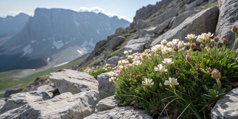 Mountain Flowers in Rocky Landscape Close-up Composition, Alpine Bloom, Nature Photography, Mountain Scenery alpine flowers, mountain photography