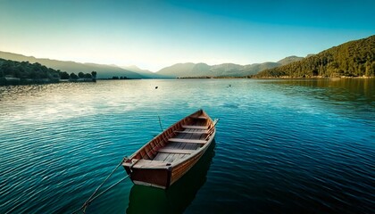 Fototapeta premium Pequeño barco de madera en un tranquilo lago verde azulado al amanecer, fotografía hiperrealista