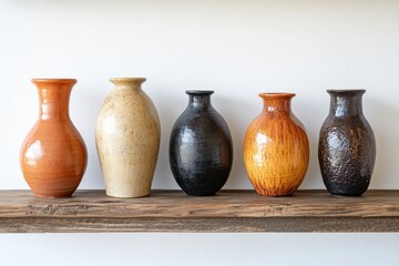 Five ceramic vases of varying colors and textures displayed on a rustic wooden shelf against a plain white wall. Minimalist and earthy.